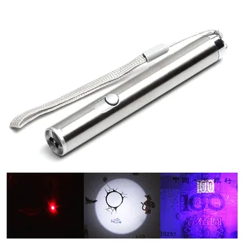 Multifunkčné Led Baterka+Uv lampu+ Laserové Pero, Strieborná Nerezová Oceľ Baterka Pre Značku Checker Detekcie Horák