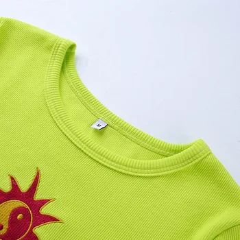 Slnko výšivky kolo krku top dámske krátke otvorené pupok Mini T-tričko krátky rukáv street fashion Euro Americký lete zelené základné
