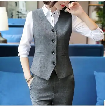 Móda business Slim Sivý kockovaný ženy vesta OL Slim V Krku Formálne office dámy vesta kabát plus veľkosť práce nosenie uniformy 2020