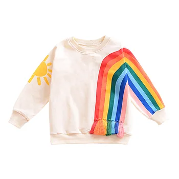 Deti Nosiť Strapec Rainbow Slnko Vzor Dlhý Rukáv T-Shirt Deti Oblečenie Dievčatá 3 Až 5 Tričko s Dlhým Rukávom