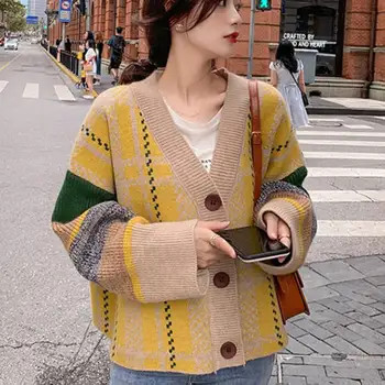 One-piece nový kórejský retro jar sveter ženy voľné Hong Kong chuť lenivý pletené bunda dámy tlačidlo cardigan módne dámy sw