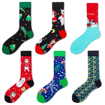 Mens Vianočné Bavlna Posádky Ponožky Kreslených Mačka Snehuliak Santa Dovolenku Pančuchový Tovar