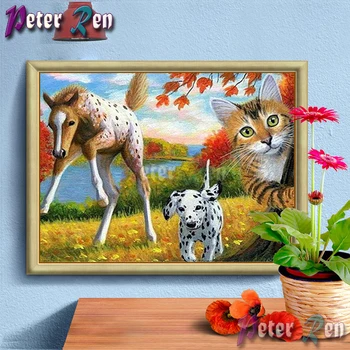 Kôň a mačka na jeseň scenérie diamond Maľovanie Cross Stitch plné Námestie\Kolo Výšivky Drahokamu obrázok moderné dekorácie
