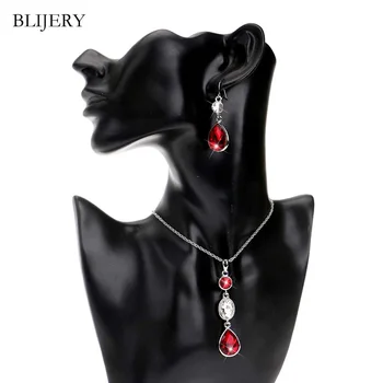 BLIJERY Kúzlo Red Crystal Svadobné Šperky Sady pre Ženy Waterdrops Náhrdelník Prívesok Náušnice, Sety Strany Svadobné Šperky Sady