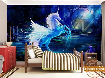 Custom vintage lengend rozprávka deti tapety nástenná maľba fantasy jednorožec s krídlo v lese jazero pohovky, spálne, obývacia izba kaviareň