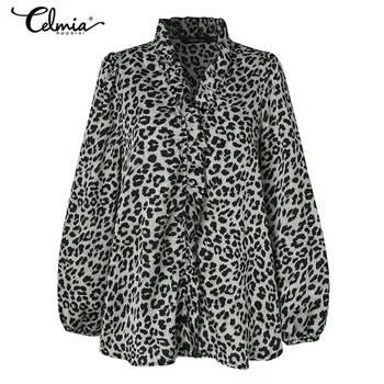 Ženy 2021 Módne Leopard Tlač Blúzky Celmia Jeseň Dlhý Rukáv Elegantné Volániky Košele Sexy tvaru Office Bavlna Blusas 5XL