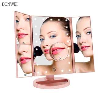 DONWEI 22 LED Dotykový Displej make-up Zrkadlo, 1X 2X 3X 10X Zväčšovacie Zrkadlá 4 v 1 Tri-Zložené Ploche make-up Zrkadlo Svetlá