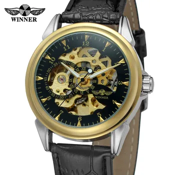 Hot Predaj T-VÍŤAZ Mužov Bežné Hodinky S Golden Bary Index Automatická, Kožený Remienok Kostra Módne Náramkové hodinky WRG8022M3T3