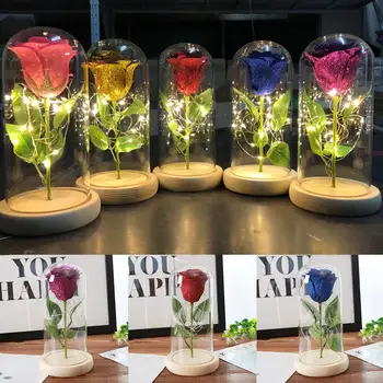 Ruže Kvet Krásy Drevený Základ Teplé Svetlo LED Reťazec Výročie Súčasnosti Zachovaná Čerstvý Kvet Vianočný Darček Nesmrteľnosť