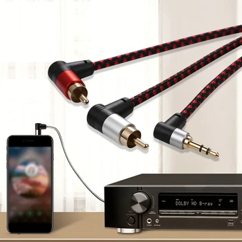 90 Stupňov (3,5 mm) Mužov a 2 RCA Samec Kábel, Pravý Uhol Stereo AUX Y Splitter Kábel Konektor Mikrofónu Konektor pre Notebook 1M