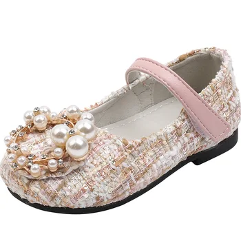 2020 Jeseň nové dievča kožené topánky ploché topánky malé vôňa pearl princezná kórejská verzia drahokamu detská obuv módne PU