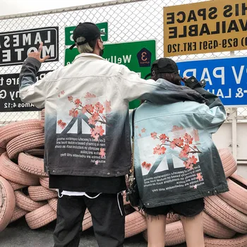 Jeseň Príliv Značky Gradient Farebné kvetinové Denim Jacket Kabát Mužov Voľné BF Graffiti vytlačiť Hip Hop džínsové Bundy
