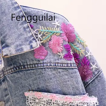 Kvetinový Vyšívané Denim Jacket Ženy Čipky Sequined Pozdĺžne Základné Bunda Pre Ženy Hot Predaj Priameho Predaja Rukávy Coats