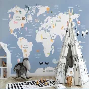 Nordic Cartoon Zvierat, Mapa Sveta na Pozadí detská Izba Dekor nástennú maľbu, Tapety 3D Moderný Minimalistický Domova Stenu Papier 3D