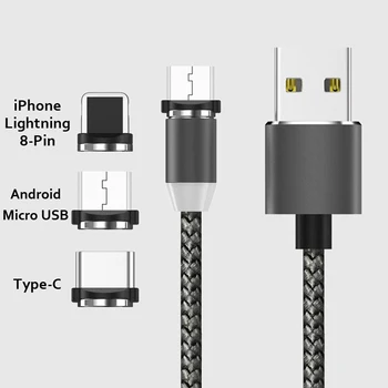 3 v 1 2.4 A Cirular USB rozhranie Magnet Nylon Pletená Kábla telefónu nabíjací kábel pre iPhone, 8-Pin/Micro USB/Typ-C, USB kábel