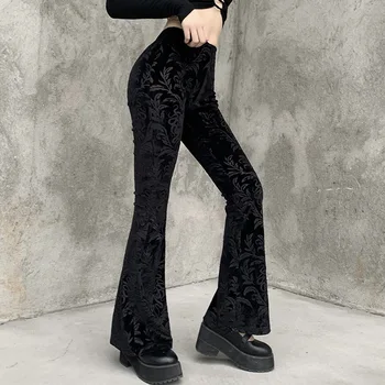 Gotická Tmavé Vintage Kvetinový Poškriabaný Gothic Nohavice Velvet Vysoký Pás Chudá Obličkového Nohavice Pre Ženy, Jeseň, Zima Streetwear 2020