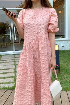 YAMDI a-line krátky rukáv letná party šaty midi šaty elegantné ženy kórejský 2020 nový vintage žena pevné ružové nepravidelný župan
