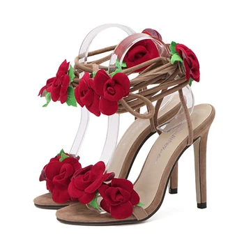 Dámske Sandále 2020 Letné Sandále Ruže Kvet Kríž Viazaná Vysoké Podpätky Pláži Zapatos Mujer Topánky Femme Sandalias
