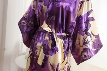 2018 Nové Ženy Krátke Fialové kvetinový Župan župane Krátke Nightgown Kimono Šaty, Župan Svadba Nevesta Bridesmaid, Šaty Šaty