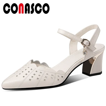 CONASCO 2020 Lete Nové Originálne Kožené Ženy Sandále Čerpadlá Módne Bežné Volánikmi Fretwork Kovové Reťaze Hrubé Podpätky, Topánky Žena