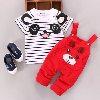 2018 roztomilý bavlna batoľa dievčatá letné oblečenie nastavené novonarodené pruhované tričká+cartoon panda trakmi, 2ks detské chlapčenské odevy sady