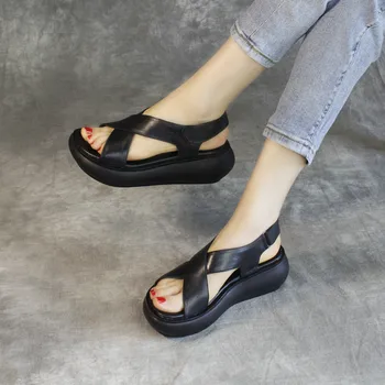 Najlepšie Predaj Hlavy Vrstva Cowhide Letné Topánky Na Platforme Sandále Ženy Sandál Topánky 2020 Lete Ženy Kožené Sandále Kliny Sandále