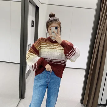 Za 2020 Striped Cropped Knitted Sweater Women O-neck Long Puff Sleeve pullovers for women Casual Loose Streetwear Ladies Sweater
