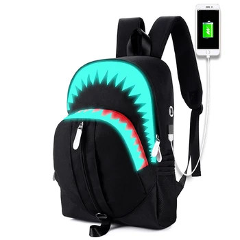 Muži Móda USB Nabíjanie Noc Svetelný Batoh Shark Notebook Batoh Hrudníka Taška Teenagerov Školské tašky Mochila Travel Bag Black