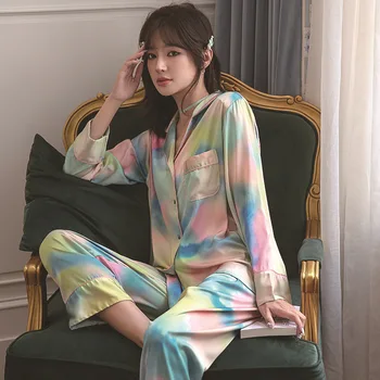 2021 Nové Módne Ženy Pyžamo Čistý Celebrity s Farebnými Ice Hodváb Pyžamo Digitálna Tlač Dlhým rukávom Nohavice Domov Služby