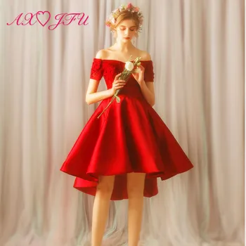 AXJFU princezná červený kvet čipky večerné šaty vintage nevesta loď krku satin vysoké/nízke ruže červenej čipky večerné šaty 2318t
