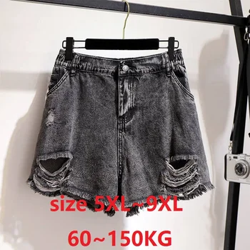 Plus Veľkosť 7XL 8XL 9XL 100 KG 150KG Black Lete Otvor džínsy bežné Veľké denim šortky Strapec Ženy krátke nohavice