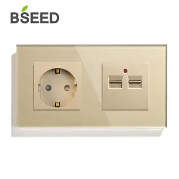 BSEED EÚ Štandardné Jednej Sieťovej Zásuvky S USB Zásuvky 3 Farby Krištáľové Sklo Panel Elektrickej Zásuvky Biela Čierna Zlatá 110V 250V