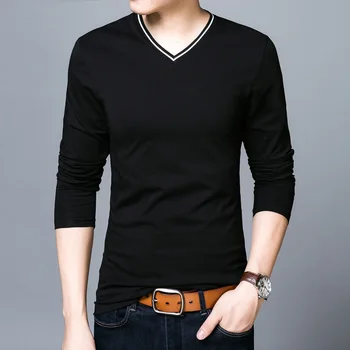 2020 nové pánske jar V golier T-shirt, mládež kórejský Edition, bavlna, dlhý rukáv T-shirt značky, pánske bežné pánskeho oblečenia tide