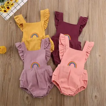 Novorodenca Baby Girl Šaty Letné Bez Rukávov Romper Jumpsuit Jeden Kus Oblečenia Rainbow Tlače Lístkového Rukáv Roztomilý Oblečenie
