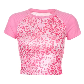 E-Dievča Patchwork Leopard Ružová Orezanie Orezanie Topy Y2K Módne Potu Roztomilý Krátky Rukáv T-shirt Ladies Fashion Bežné Plodiny Topy Tees