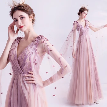 Móda ružová večerné šaty 2021 ženy dlhé šaty ples čipky tvaru župan de soirée mariage de