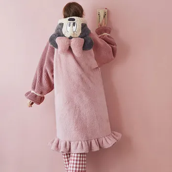 Dámske Pyžamo s Kapucňou Nightgown Plyšové Coral Fleece Sleepwear Ženy Jeseň a v Zime Domov Oblečenie, Kreslená Myš Zahustiť Pijama