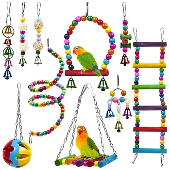 10 Pack Vtáčie Klietky, Hračky pre Papagáje Spoľahlivý a Žuvacie - Swing Visí Žuvanie Skus Most Drevené Korálky Guľa Bell Hračky.