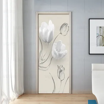 Moderné, Jednoduché Biele Kvety Dvere Nálepky, Obývacia Izba, Spálňa PVC Samolepiace Nepremokavé nástennú maľbu, Tapety Na Steny, 3 D Nálepky