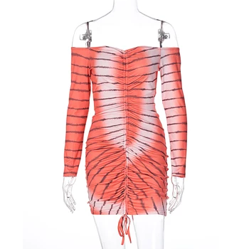 2020 Nové Dlhý Rukáv Lomka Obväz Krku Kravatu Farbivo Prekladané Sexy Mini Šaty Jeseň Zima Ženy Móda Streetwear Oblečenie