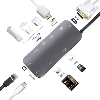 USB C Hub Typ C Adaptér 10-v-1 Dongle, Ethernet 4K@30Hz HDMI, VGA 3 USB3.0 SD/TF Karty, Čítačky Mic/Audio USB-C PD 3.0