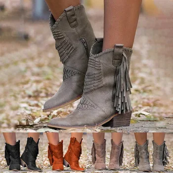 Klasické Strapec Západnej Kovbojské Topánky pre Ženy Kožené Cowgirl Topánky Nízke Podpätky, Topánky Zimné Topánky Zapatos De Mujer