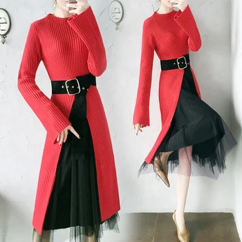 Módne dámske klesnutie pletené šaty ženské nové dámske červený sveter plus oka sukne dva-kúsok nad kolená jeseň žien Nastaviť