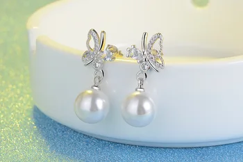 Luxusné Crystal Aaa Zirconia Roztomilý Motýľ Pearl Stud Náušnice Pre Ženy Móda 925 Sterling Silver Náušnice Top Šperky