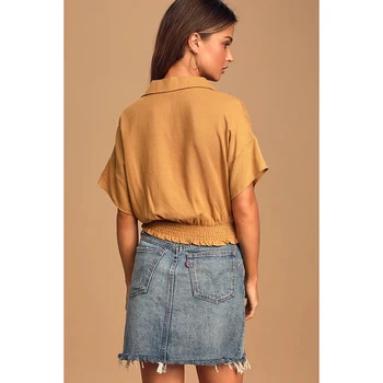 V-Neck Slim T Shirt Pevné Krátke Elastické Pás 2020 Nové Street Style Tlačidlo Dekorácie Tričko Elegantné Módne Tričko Ženy