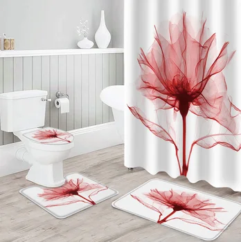 Červený Kvet Transparentné Abstraktné Sprchové Závesy Nastaviť Kúpeľňa Nepremokavé Sprchový Záves Kúpeľňa Set so Sprchovacím kútom Záclony a Koberce