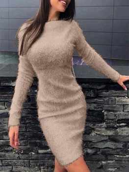 Populárny Plyšový Sexy Pás-pevné Dlhý Rukáv Šaty dámske Šaty 2020 Európska a Americká Jeseň a v Zime Stredne dlhé Šaty