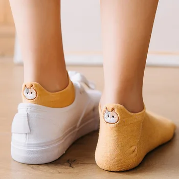 Ženy Ponožky výšivky Roztomilé Mačky Žakárové Japonský Ponožky Bavlna Neviditeľné Č Zobraziť Žlté, Čierne Ponožky, Papuče Poschodí Zábavné Ponožky