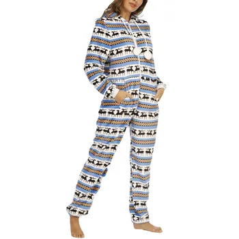 Jeseň A V Zime Teplý Jumpsuit Ladies Vianočné Dlhý Rukáv Tlač Pyžamo Zips S Spp A Ucho Jumpsuit Bavlna Sleepwear