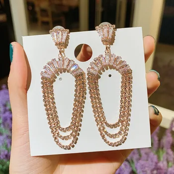 2020 Nový Kórejský Luxusné Plný Drahokamu Visieť Náušnice Pre Ženy Šperky Geometrie Dlhý Strapec Veľké Náušnice Strany Svadobný Dar